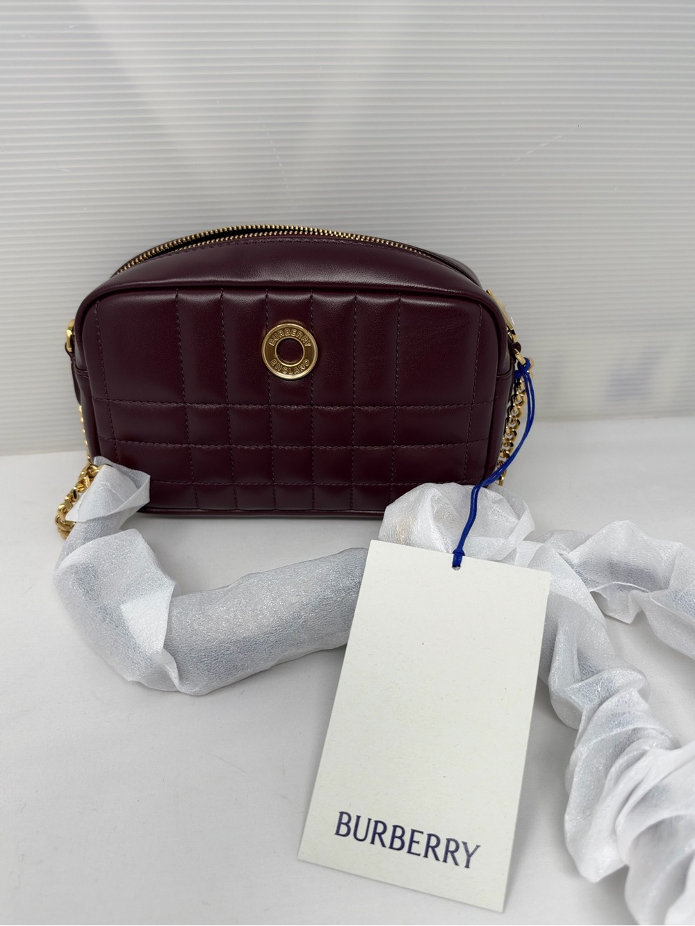 Burberry Quilted Leather Crossbody Bag in Burgundy with Gold Hardware